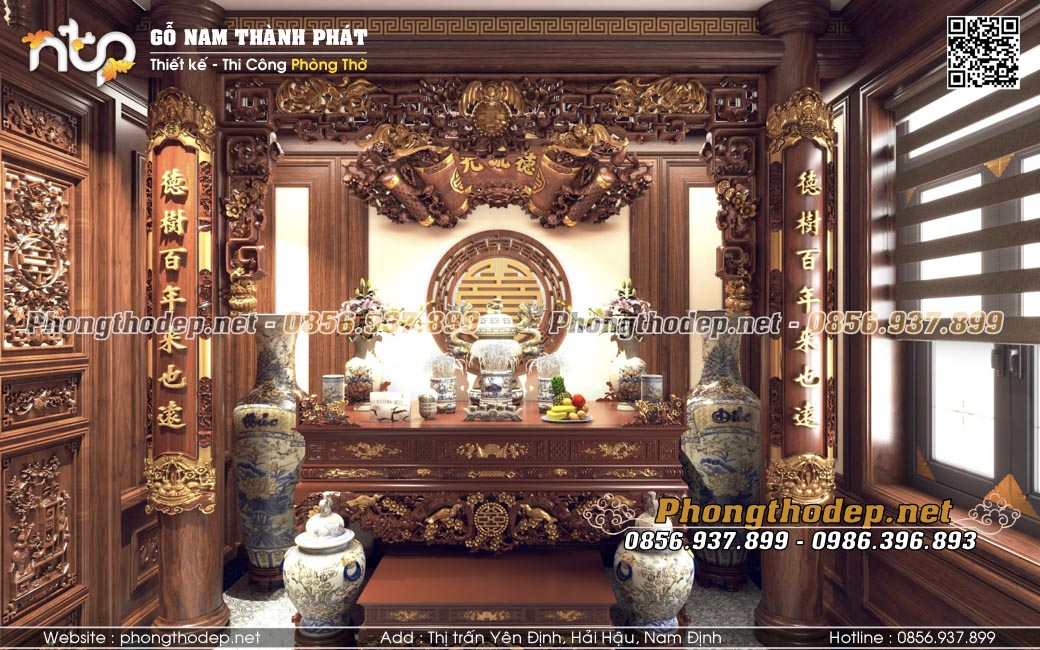 sập thờ gỗ gõ đỏ Pachy trong phòng thờ truyền thống